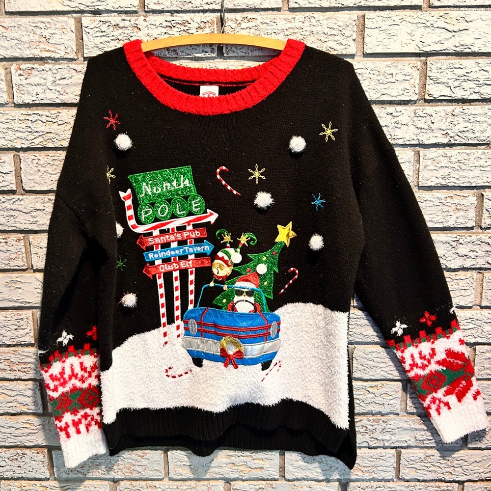 Holiday Time Christmas Sweater Womens Large Black North Pole Santa Car Pom Poms